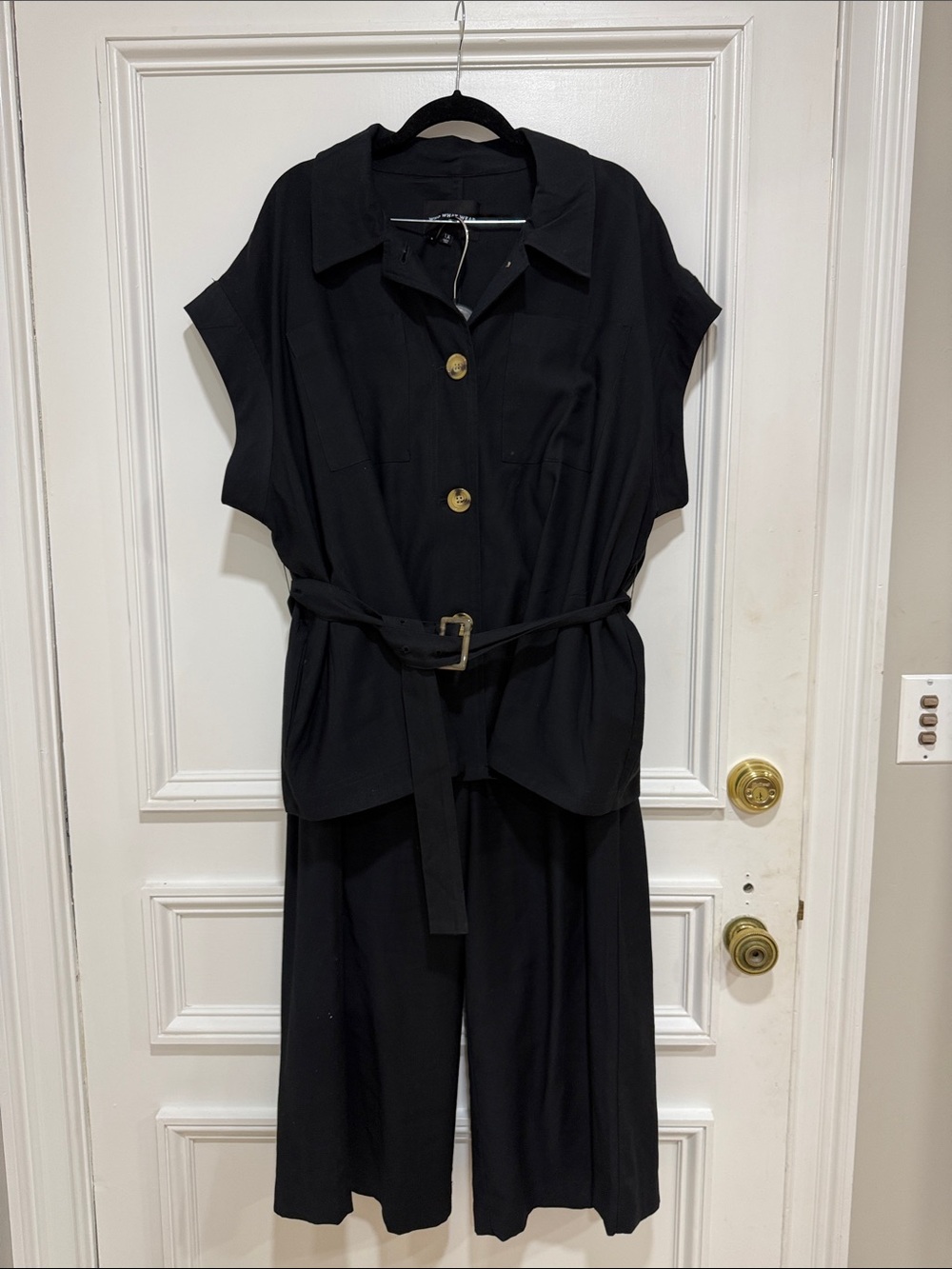 Who What Wear Black Short-Sleeve Belted Jumpsuit with Wide Legs